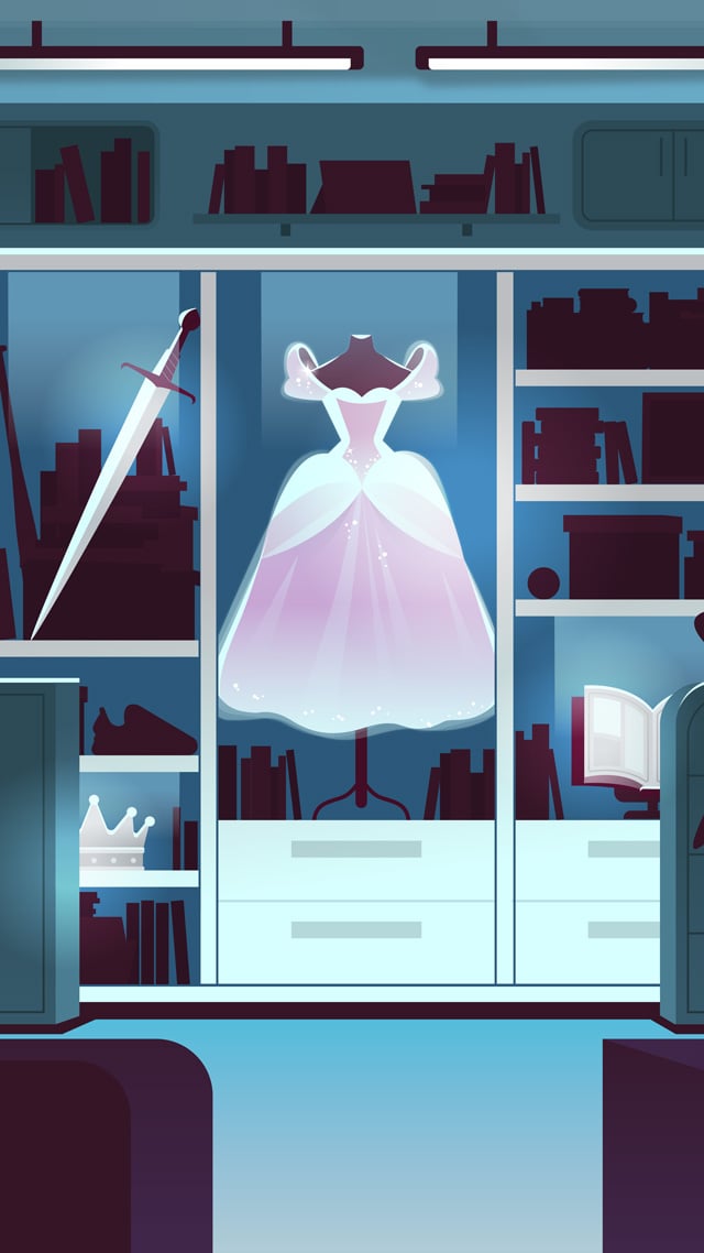 Archived collection including a dress, sword and crown