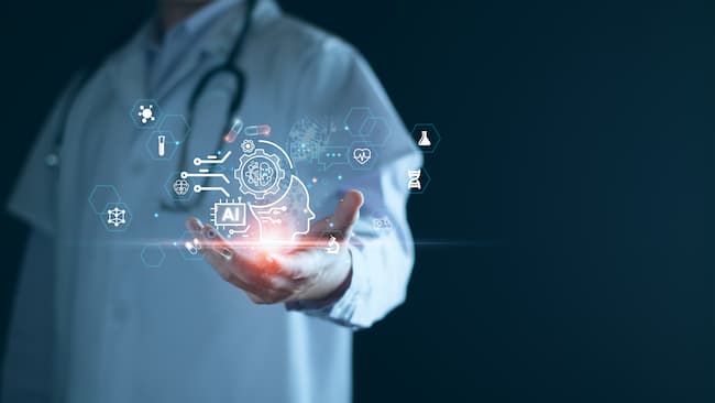 Doctor holding AI symbol, representing the concept of digital medicine and technology in healthcare