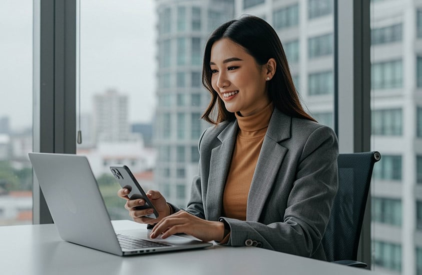 Gray suit woman working on the laptop