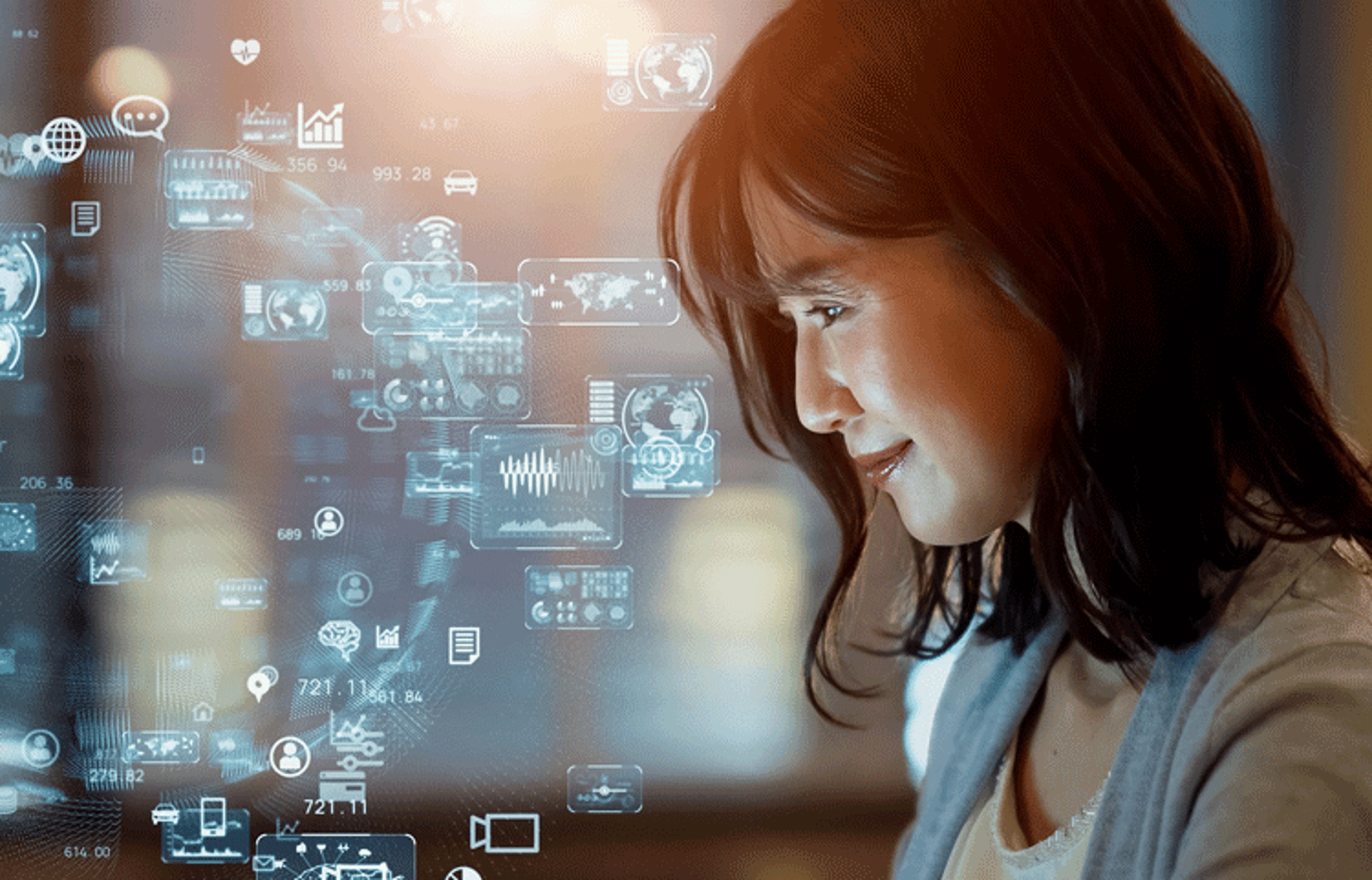 Worker watching hologram screens