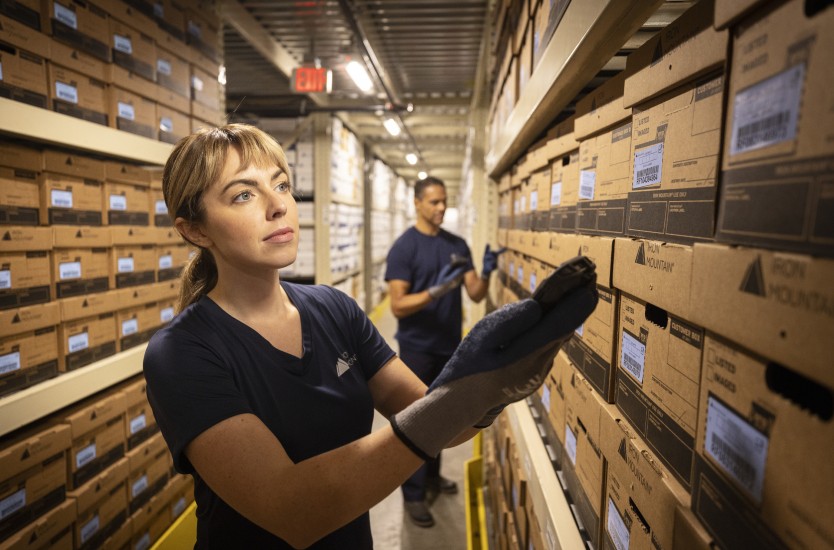 Iron Mountain employee looking for a box in a warehouse