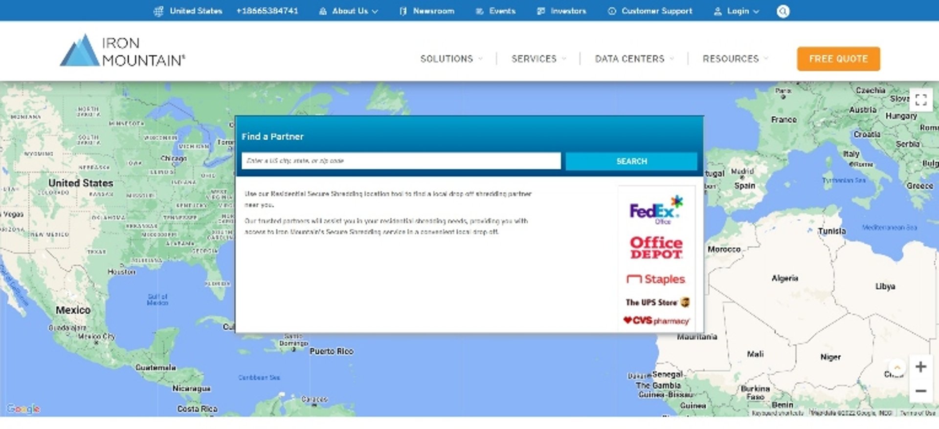 screenshot of Iron Mountain's residential Find a Partner search