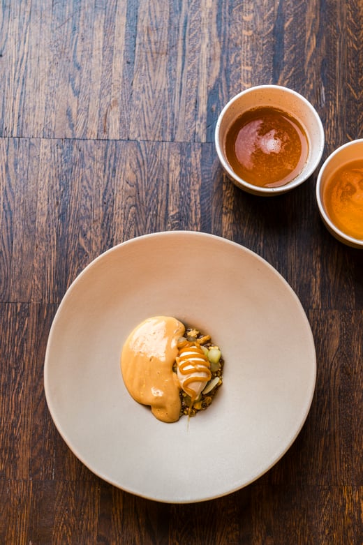 Braised apple with cider sabayon Gteau Breton crum