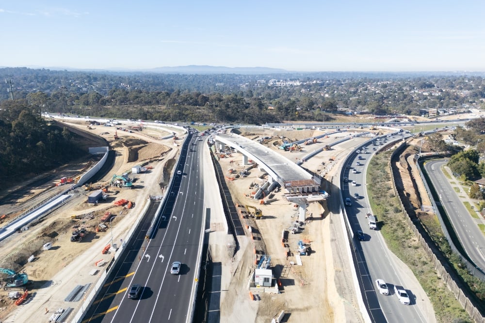 Kennards Hire M80 project, zoomed out photo of a multiple laned road