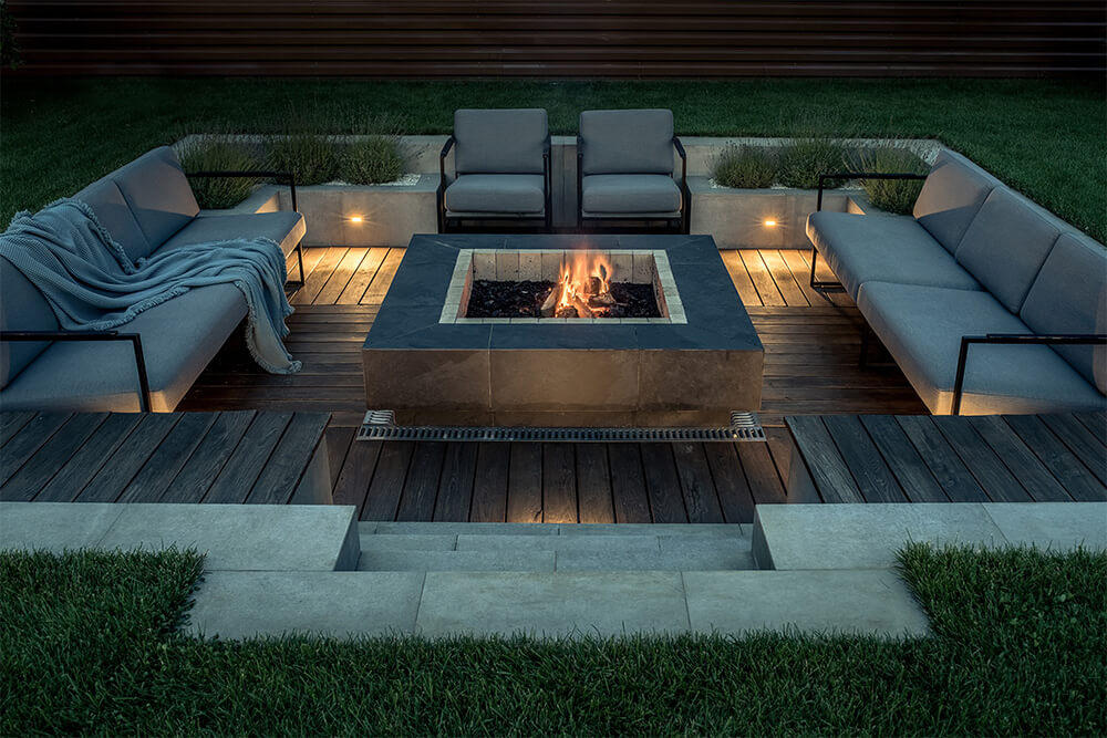outdoor sunken firepit in the night