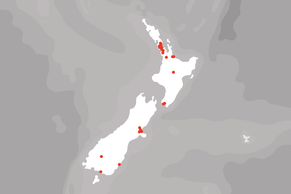 Map of New Zealand with red pins for branch locations