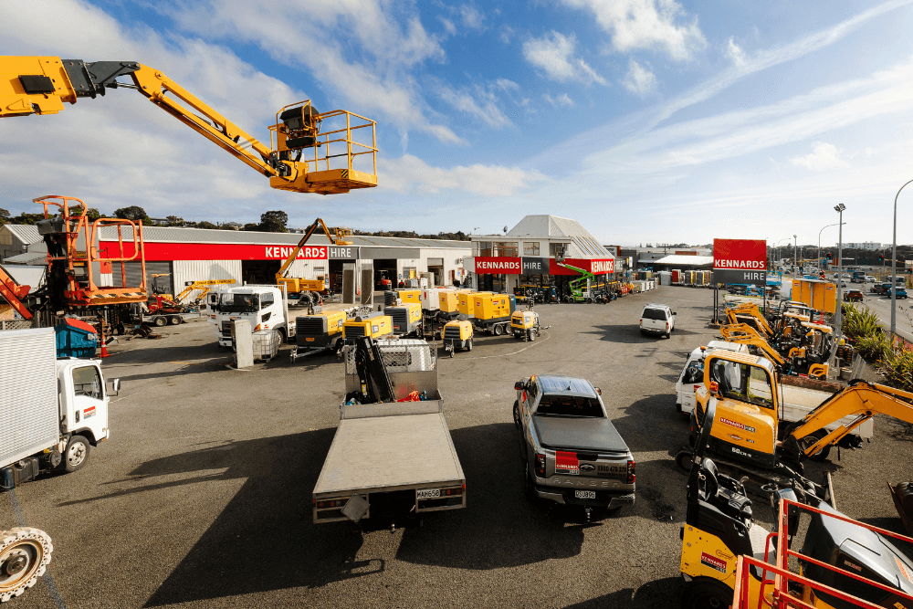 A wide lense shot of the New Plymouth Kennards Hire branch yard full of equipment