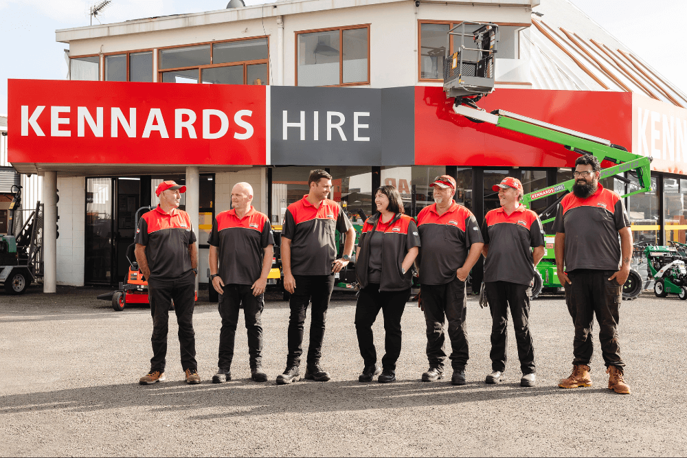 The New Plymouth Kennards Hire branch team standing in a line outside of the branch