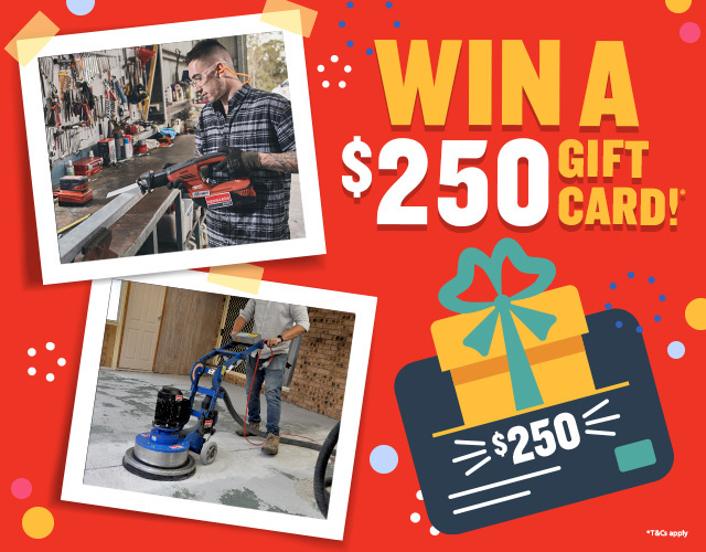 DIYers drilling and concrete grinding. Illustrated gift card for $250