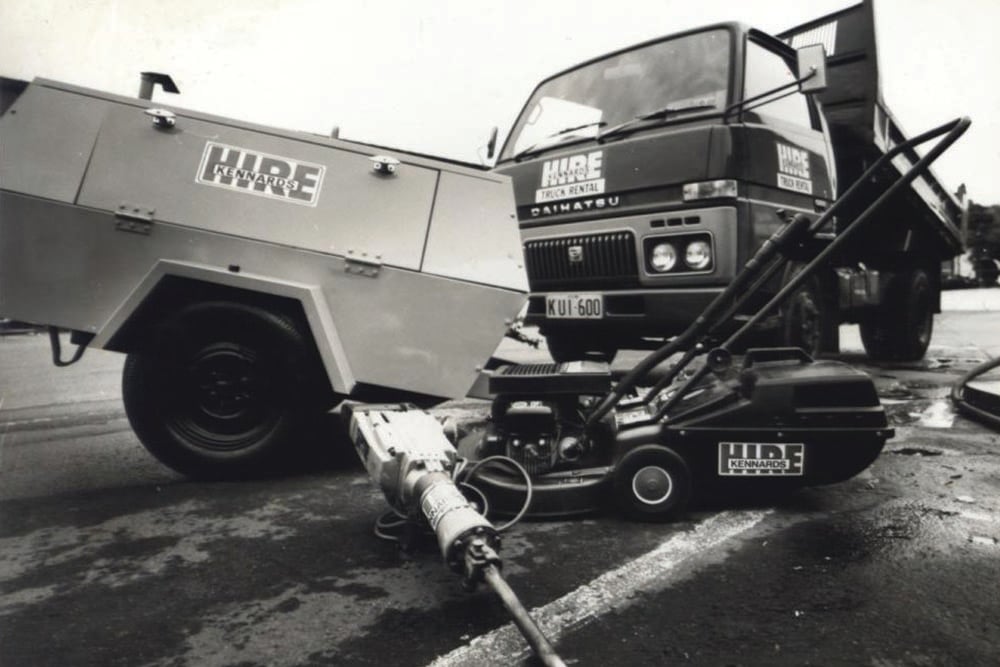 A black and white photo of old equipment hired out