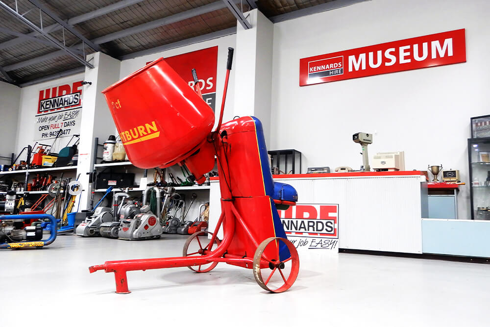 Cement mixer in front of an old front counter