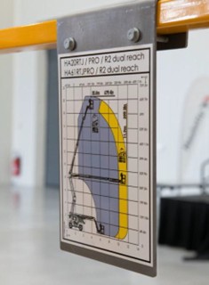 Range of motion chart for HA20RTJ/PRO and HA61RTJPRO aerial work platforms mounted on equipment, showing height and outreach limits with color-coded zones.