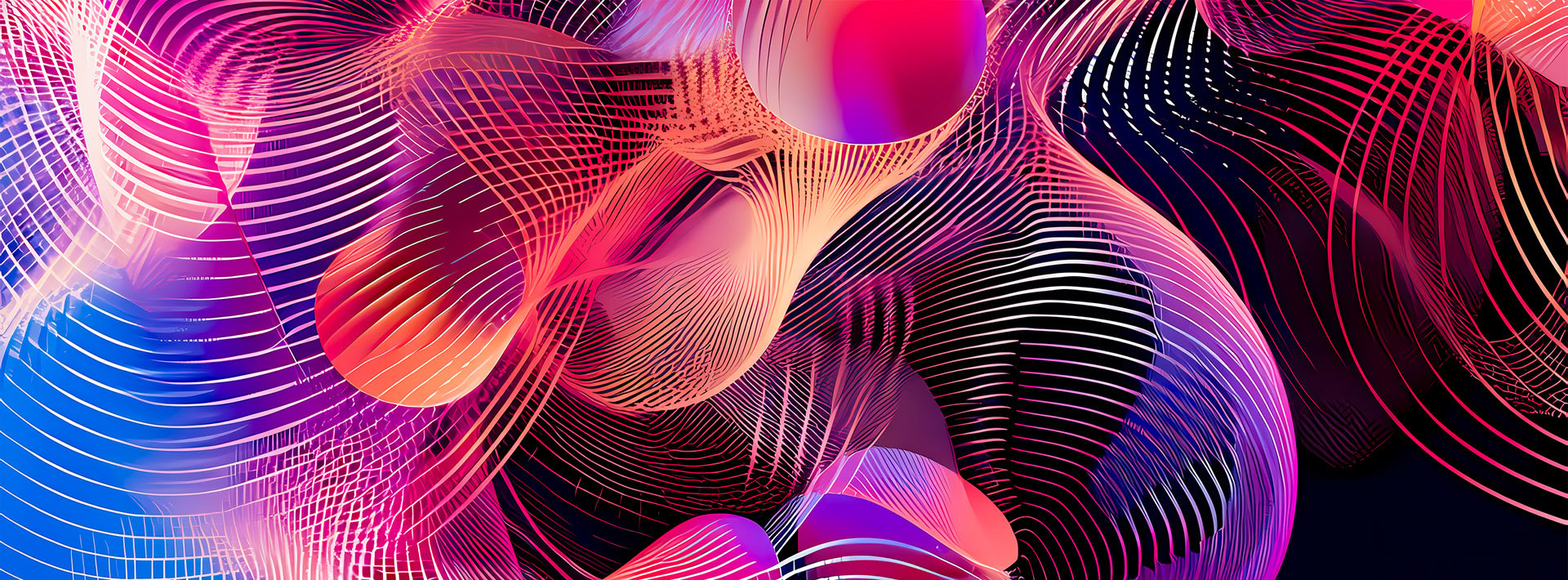 Lewis Silkin Abstract curved patterns of pink, blue & red light on a black background