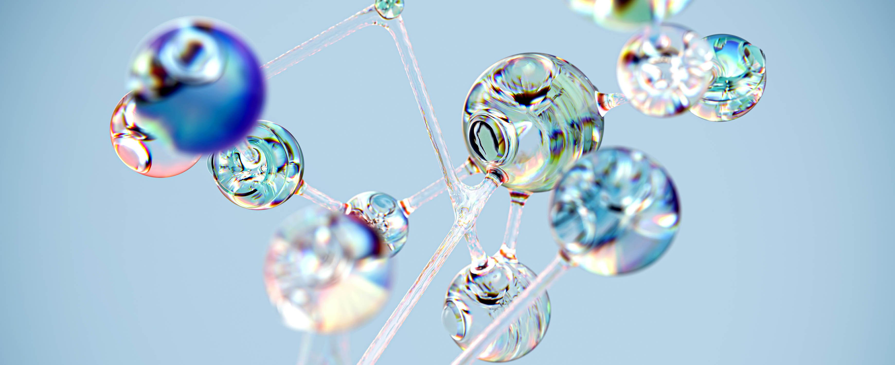 Lewis Silkin Abstract group of blue & green transparent crystalline balls connected by thin transparent rods over a pale blue background