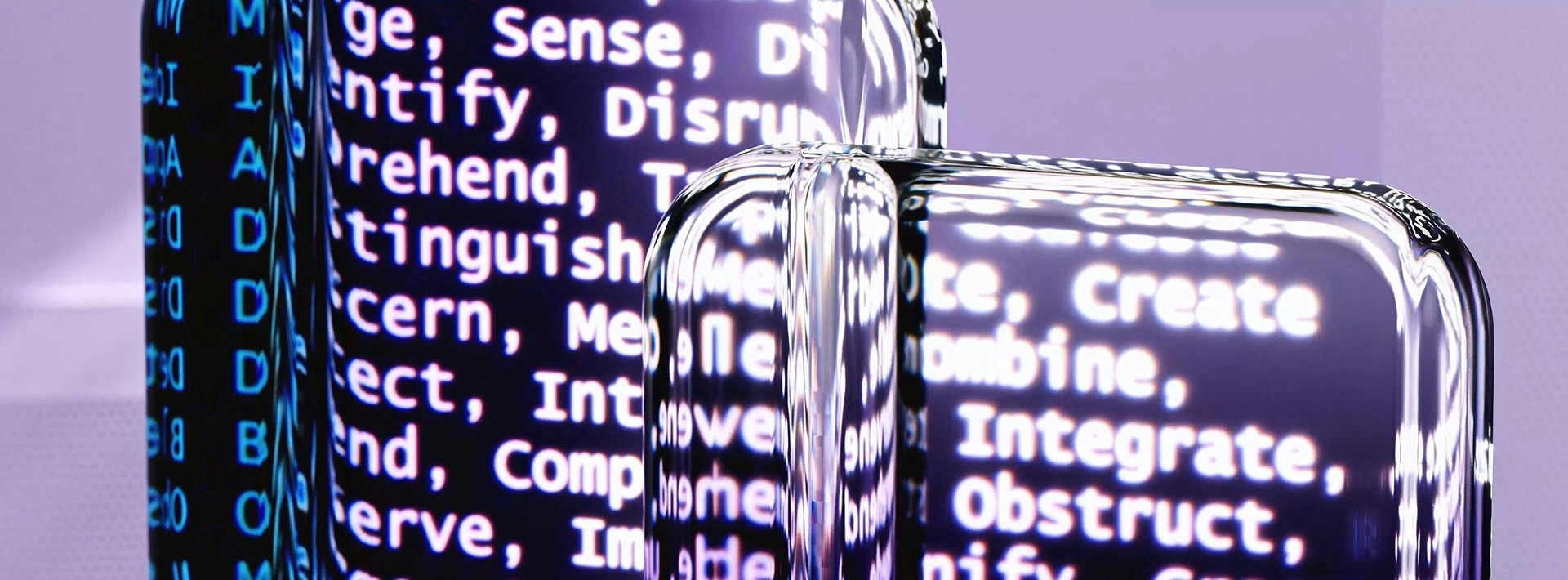 Lewis Silkin Two glass blocks overlay a block of text on a lavender background, they are lit with blue and purple