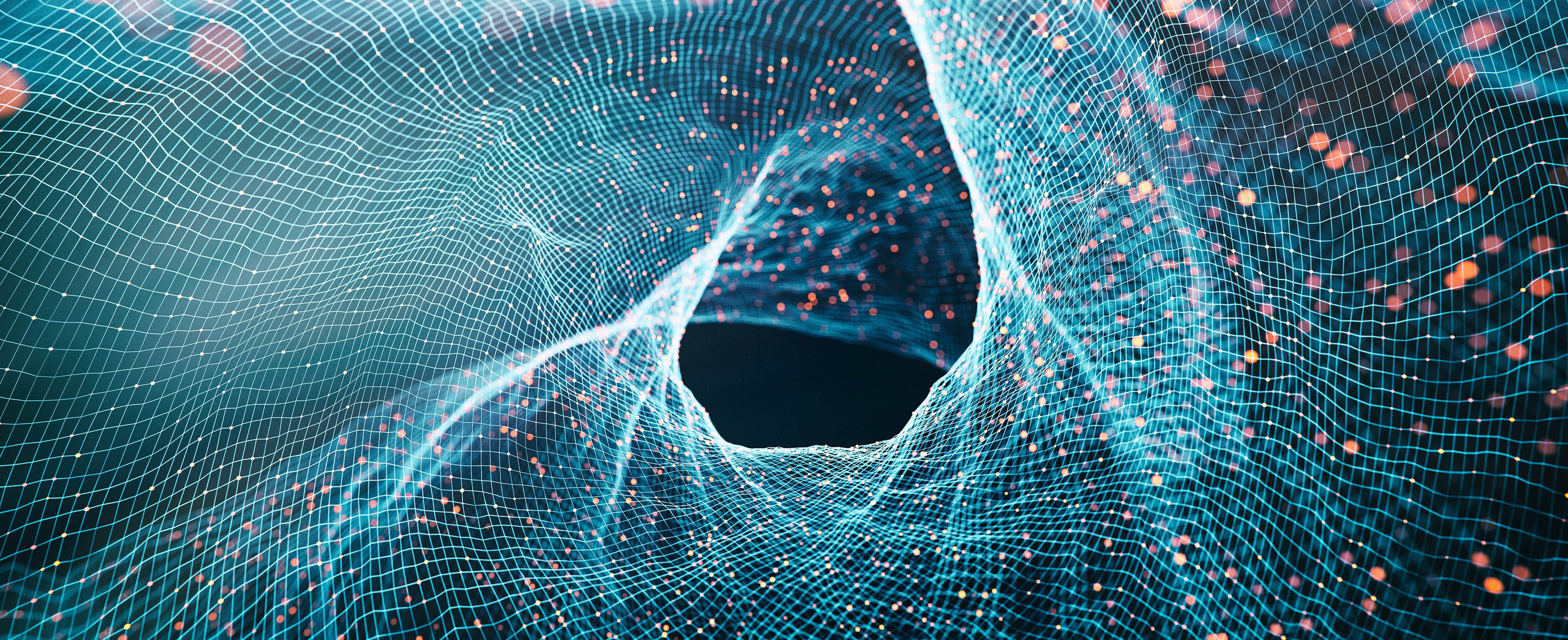 Lewis Silkin Abstract tunnel mesh pattern of light blue lines overlaid with discs of red light of varying sizes on a black background