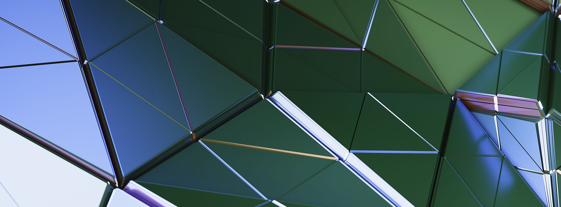 Lewis Silkin Abstract geometric three dimensional pattern formed of a series of triangular planes reflecting in shades of green and blue