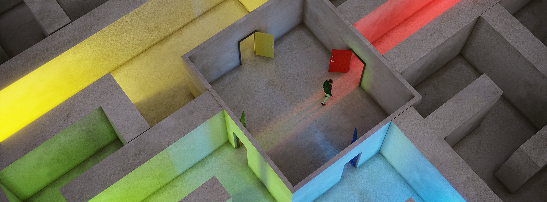 Lewis Silkin Overhead view of a person in a grey room with 4 doors of red, yellow, blue & green; a maze beyond is lit to match each door