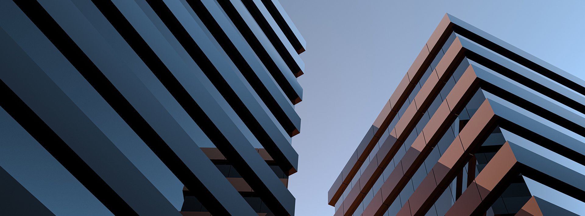 Lewis Silkin Exterior of two buildings with bold horizontal layers of cladding & glass. One building is partly shadowed and lit by sunset