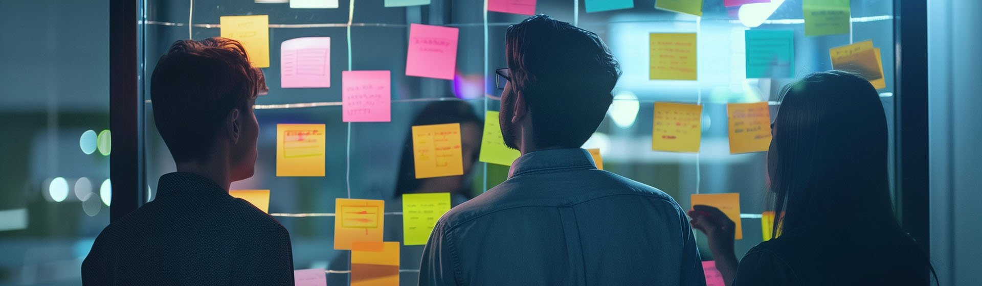 Silhouetted team of professionals collaborate on a board covered in colourful sticky notes