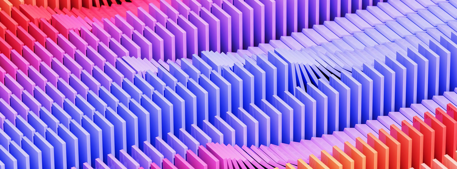 Lewis Silkin Vibrantly coloured lines of collapsing dominoes in varying shades of pink, blue and orange