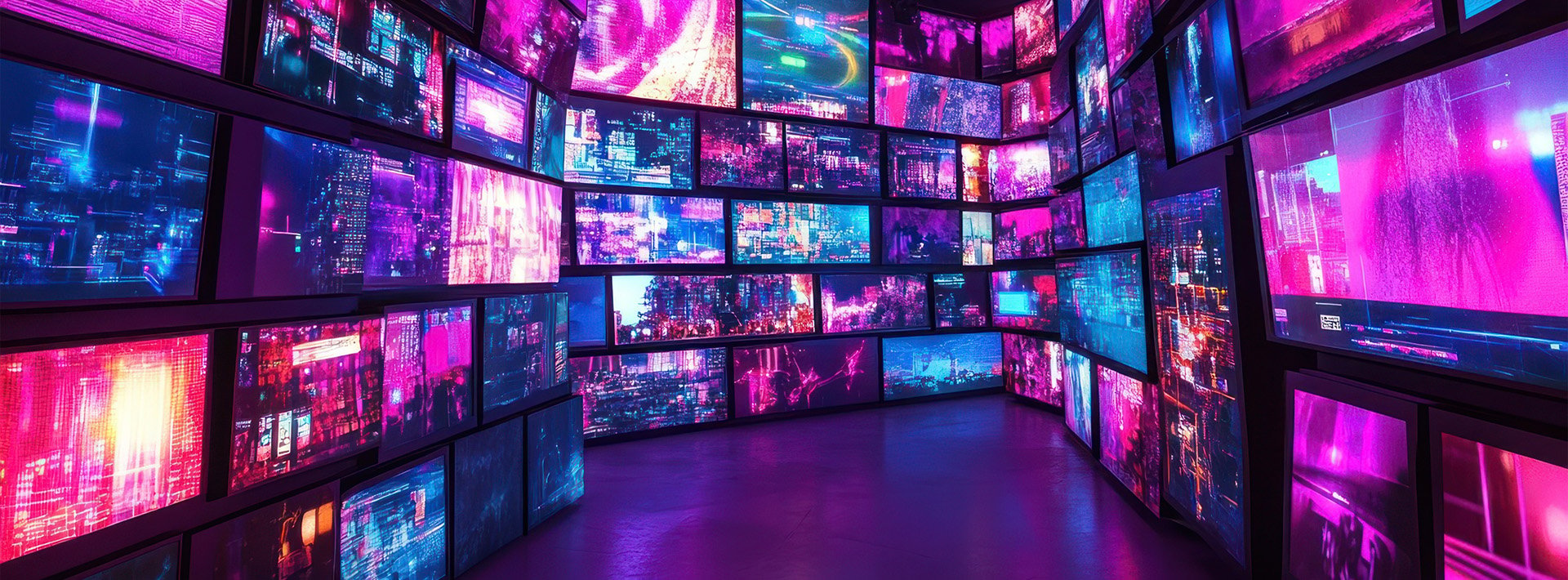 Lewis Silkin A room full of screens showing various images, all tinted with colours of blue, purple and pink.