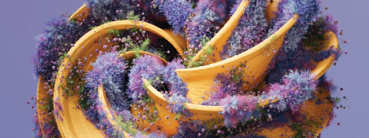 Circular shell pattern covered in purple flowers