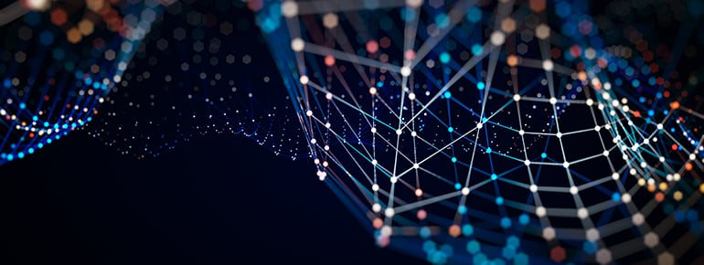 Illustration of a waved mesh of light created of nodes in varying colours connected by lines of white and blue light
