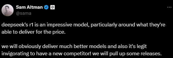 Tweet from Sam Altman on DeepSeek AI model