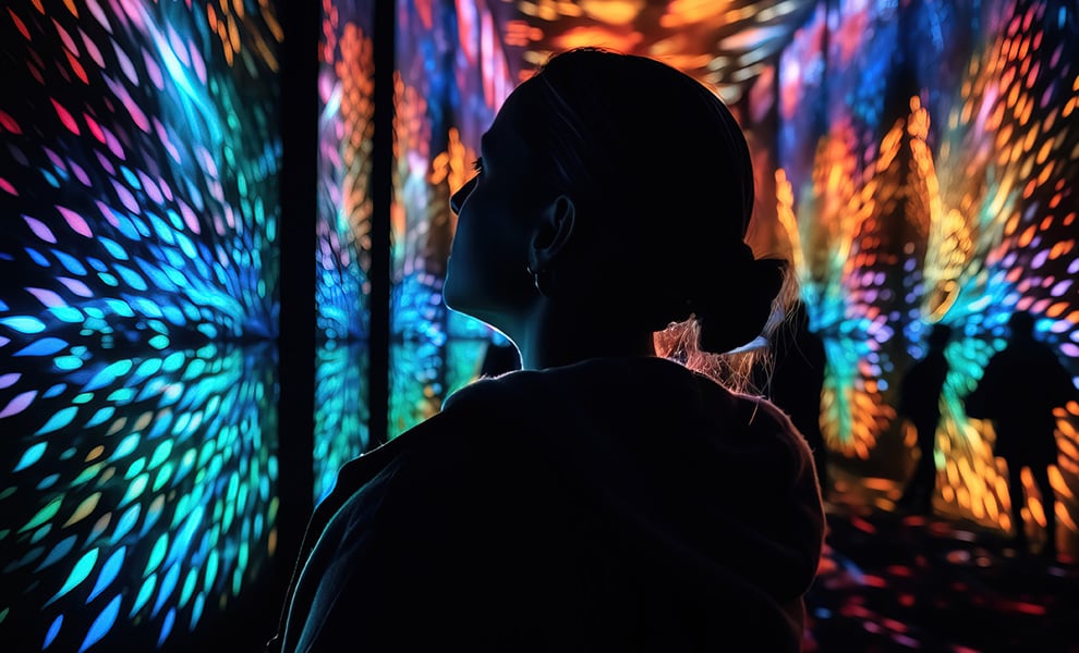 Lewis Silkin Person silhouetted, walking through an immersive room of colours floor to ceiling