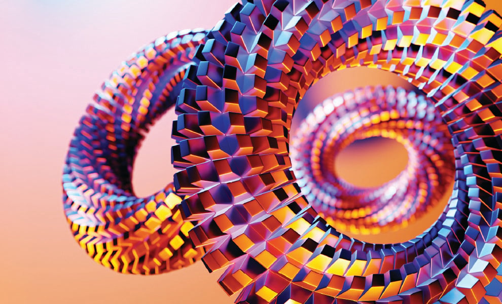 Lewis Silkin Abstract spiral of colourful interlocking metallic blocks