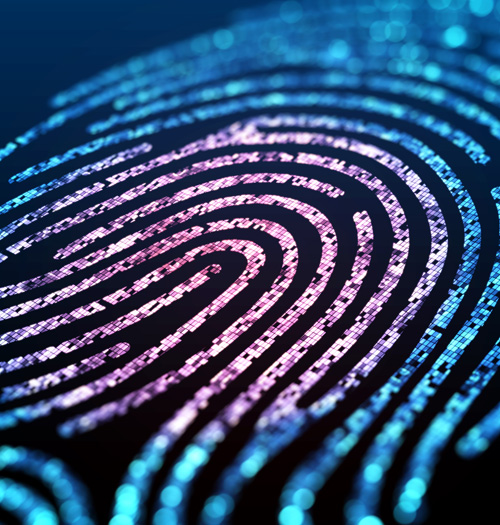 Lewis Silkin Close up of a fingerprint formed of pixels of light, the centre is pink & transitions to blue edges with a black background