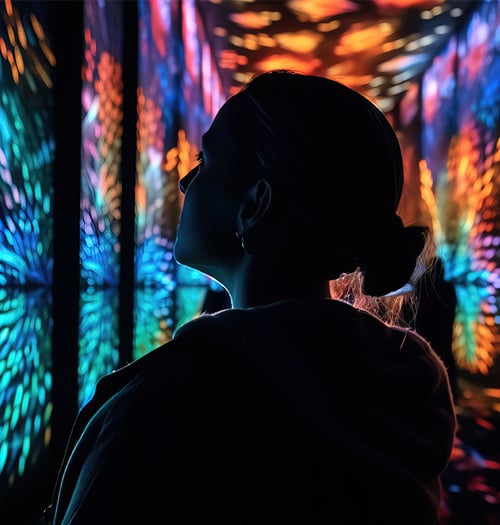 The silhouette of a person in an immersive digital space filled with colour