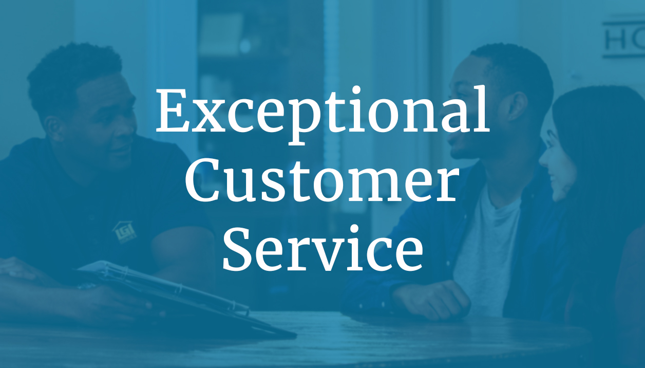 Exceptional customer service text overlaid on image of sales person with buyers