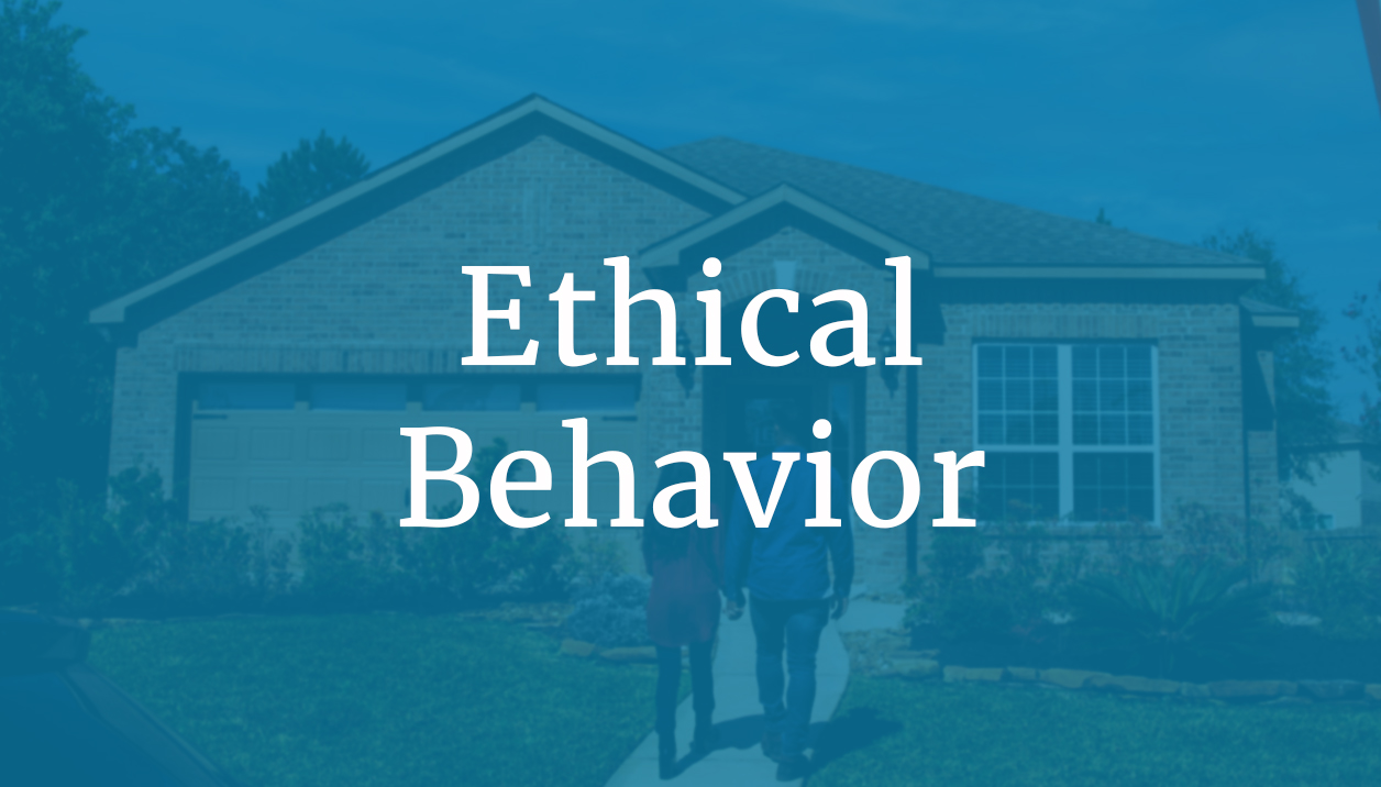 Ethical behavior text overlaid on image of couple walking up to sales office