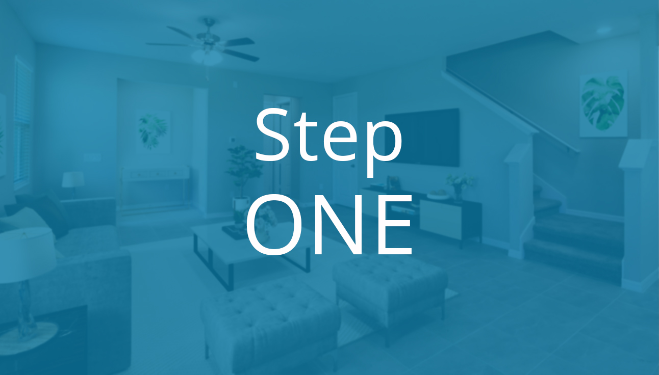 Step One text overlaid on living room image