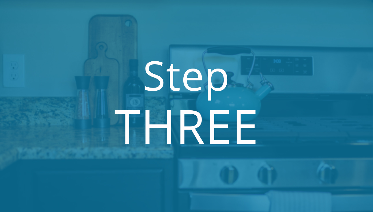 Step Three text overlaid on kitchen image