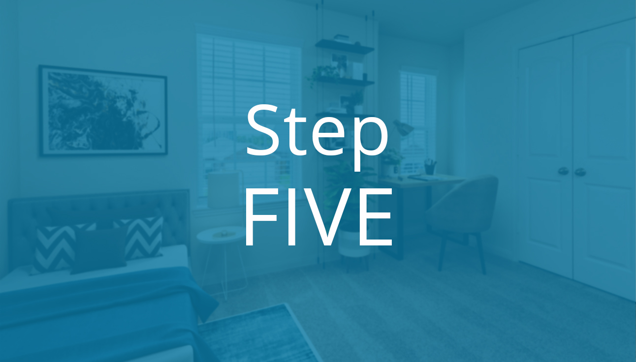 Step Five text overlaid on bedroom image