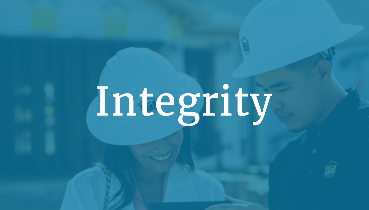 Integrity text overlaid on image of construction worker with customer