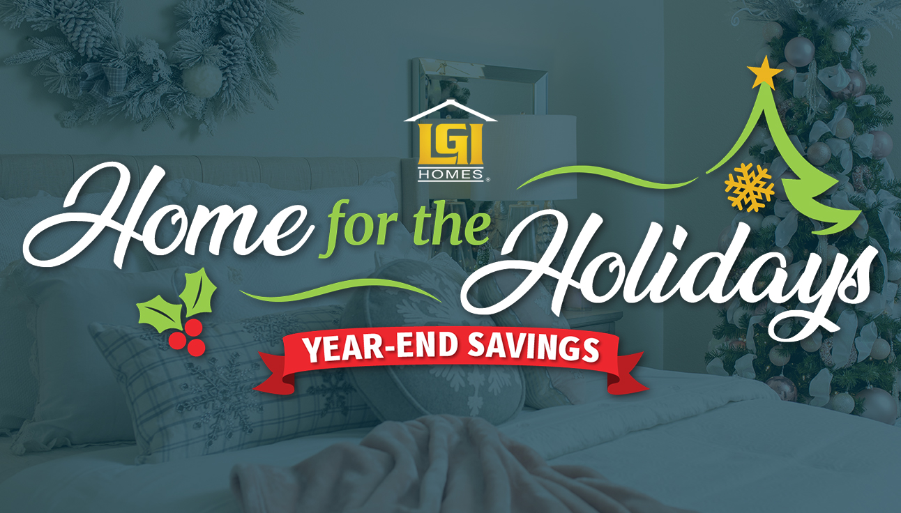 Home for the holidays logo over image of bedroom decorated for Christmas