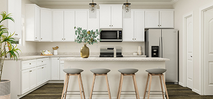 Beautifully rendered kitchen with white cabinets and large island