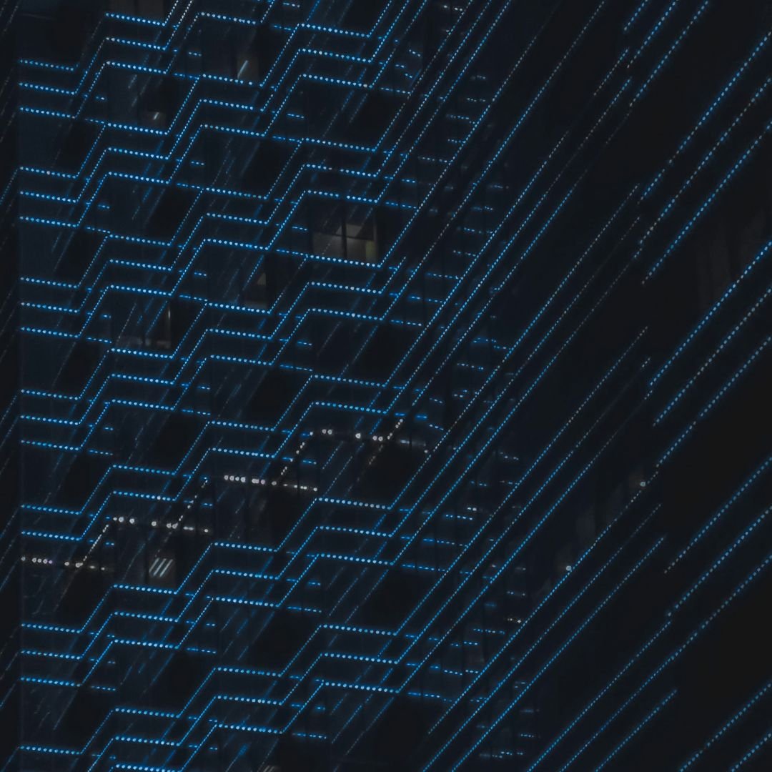 Blue LED lights on black background