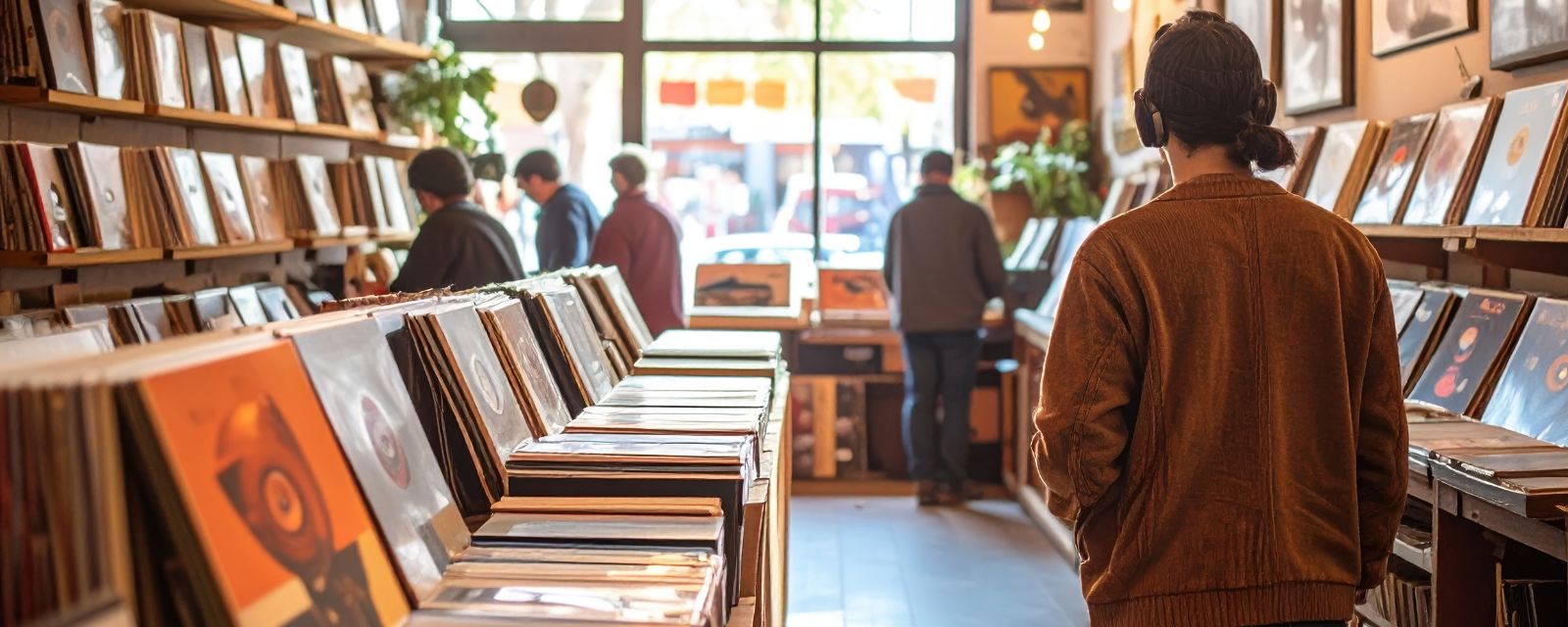 Record store vinyl record music shop people headphones browsing indoor shelves warm light casual clothing