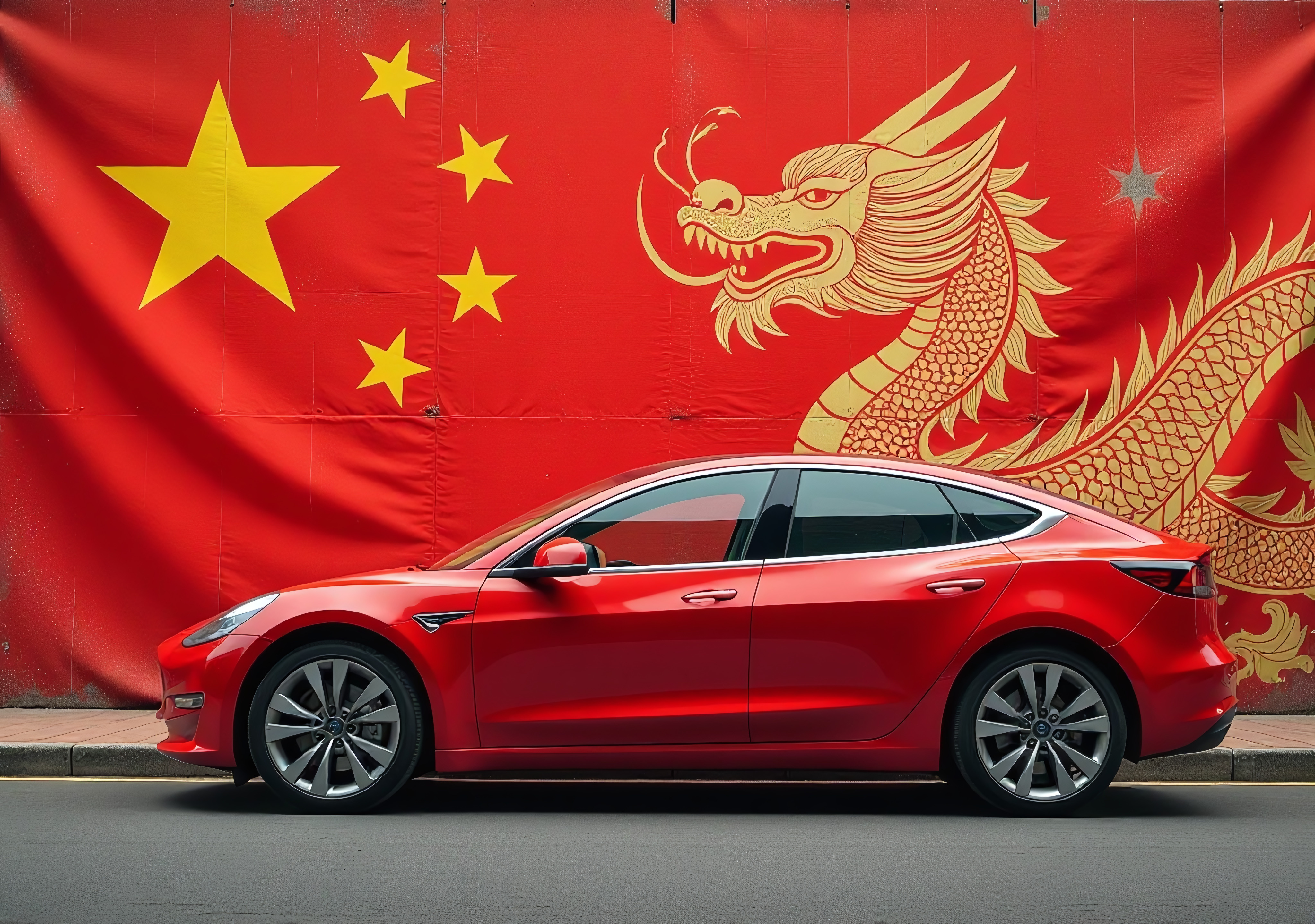 A red car parked in front of a flag AI-generated content may be incorrect.