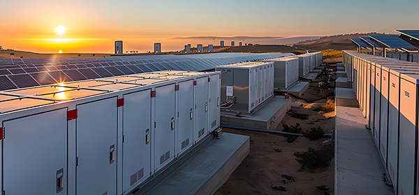 Rows of solar panels and battery storage containers