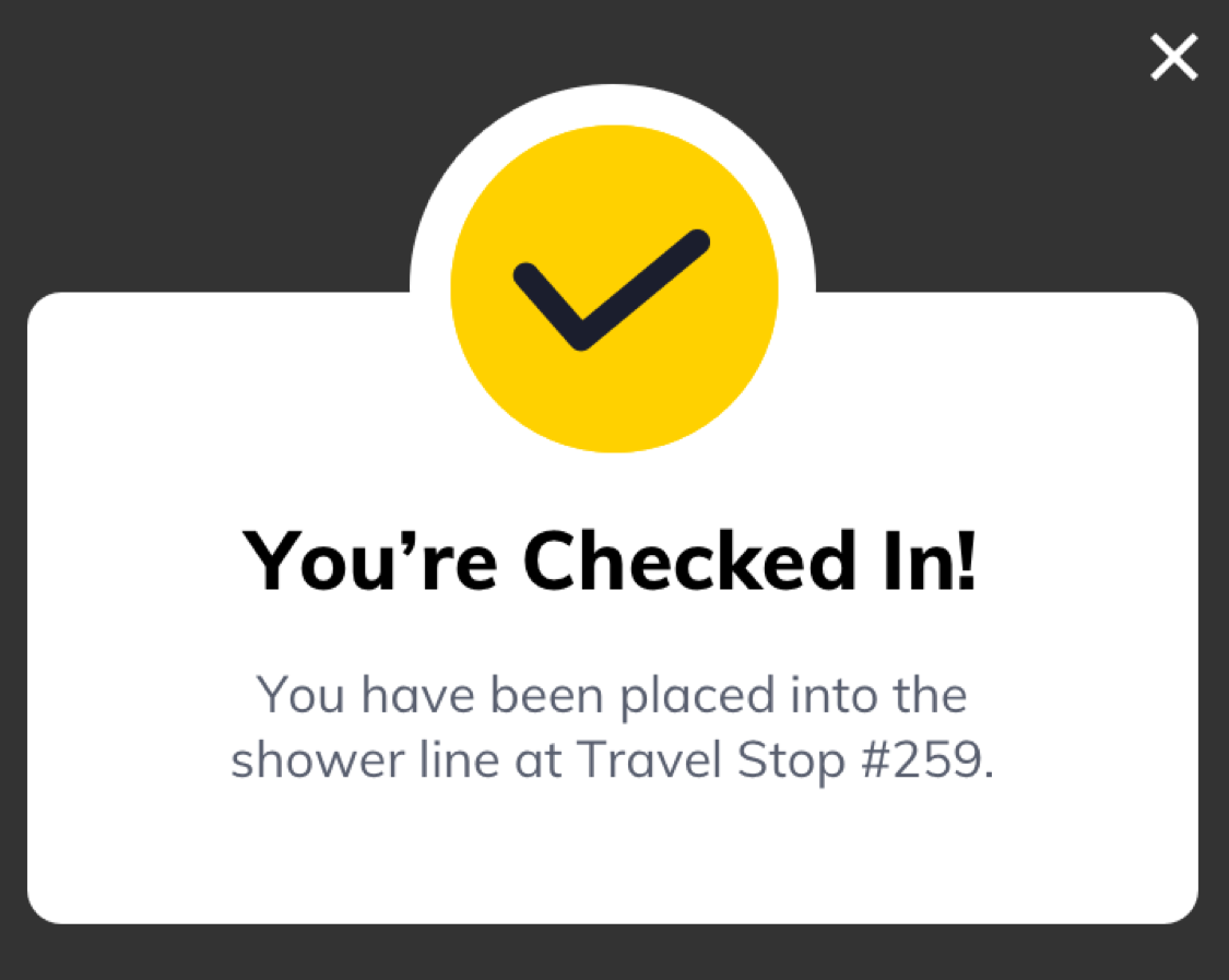 A screenshot of a successful Check In of the Shower on the Love's Connect App