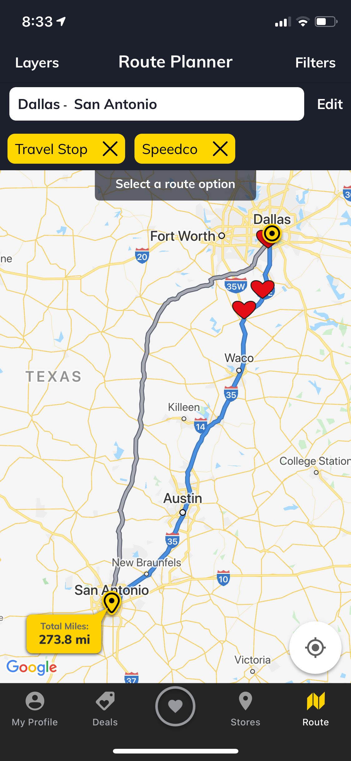 A graphic showing a route planned from Dallas to San Antonio