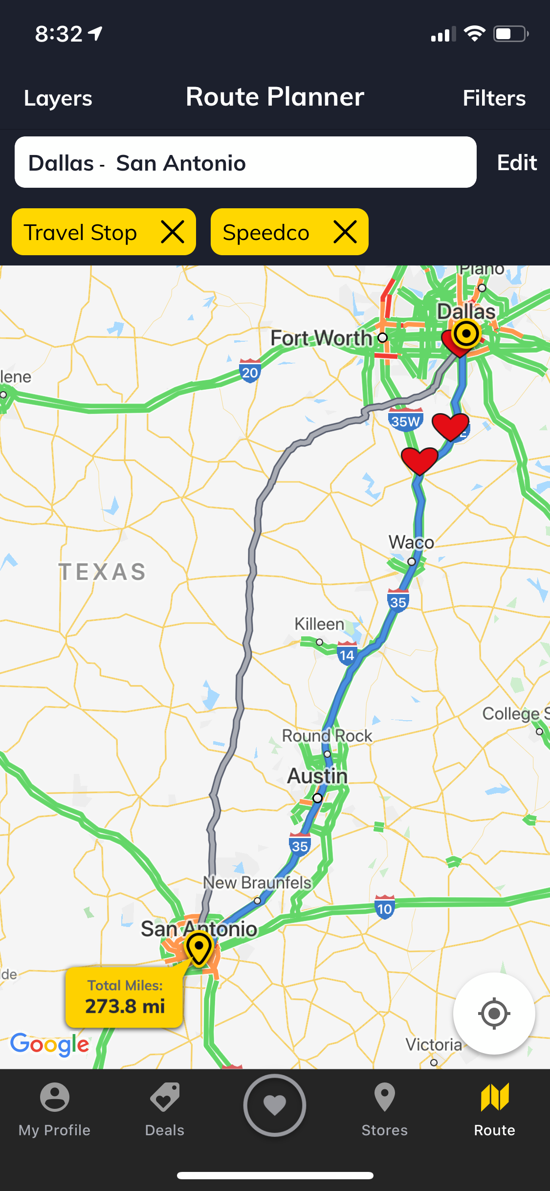 A graphic showing a route planned with traffic lines