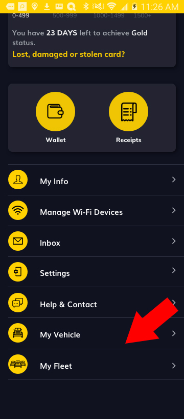 Screenshot of where to access my vehicle from the Love's Connect App