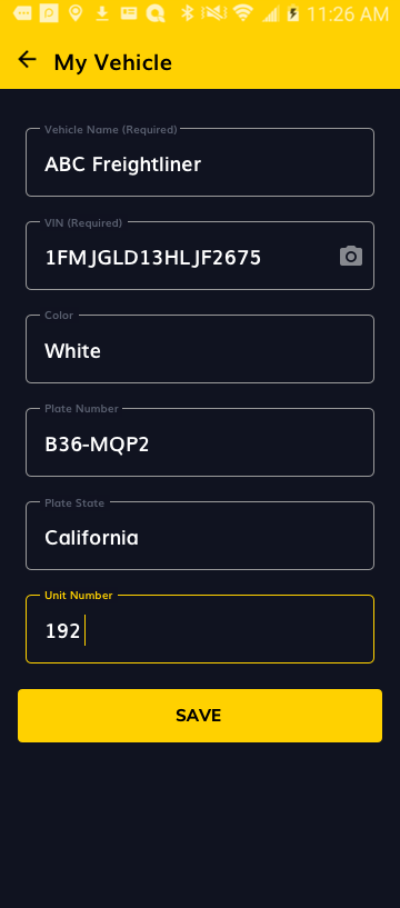 Screenshot of how to save a vehicle in the Love's Connect App